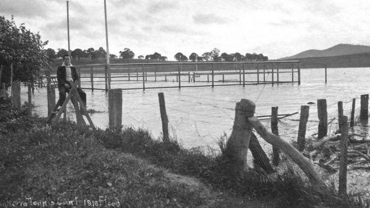 Water, water everywhere: Tennis courts in flood below Bachelors Quarters (on the Acton flats) in 1916. Photo: Christine Anderson
