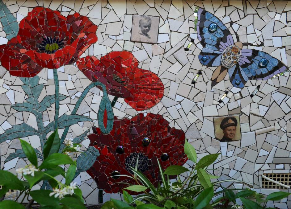 The mosaic tile work Kim Grant did on her Fluffy home, a year after her Vietnam veteran father's death. Photo: Graham Tidy