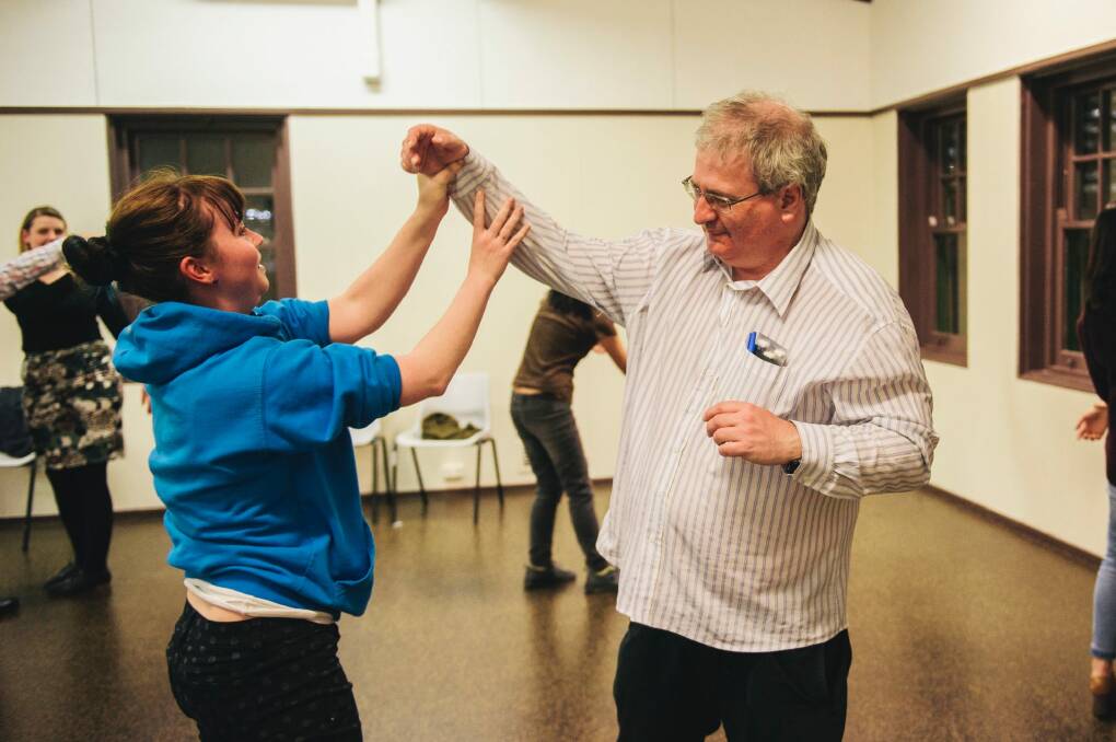 Canberra Times Journalist Ron Cerabona tries an improvisation class, with Phoebe Black. Photo: Rohan Thomson