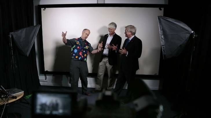 From left, Dr Paul Francis, Dr McComas Taylor and Professor Brian Schmidt film a video for an ANU MOOC. Photo: Jeffrey Chan