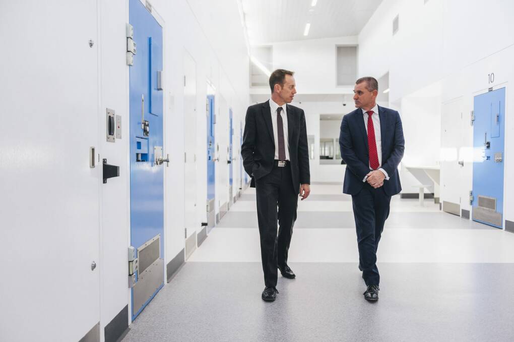 ACT Corrections Minister Shane Rattenbury and custodial operations manager Don Taylor inside the special care unit at the Alexander Maconochie Centre.  Photo: Rohan Thomson