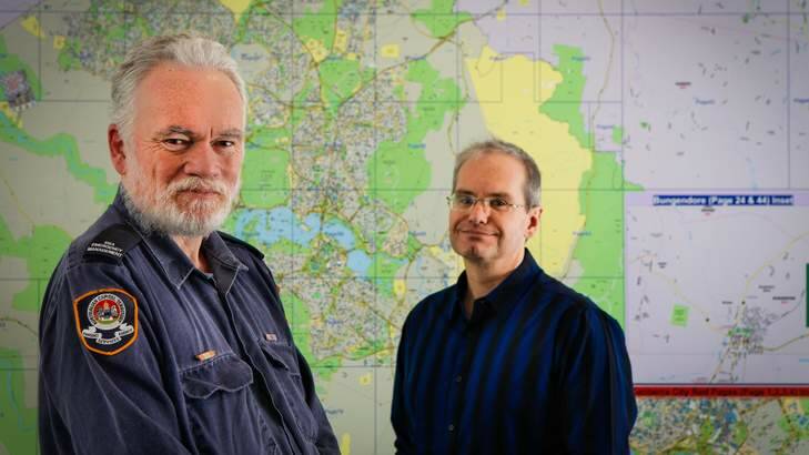 Emergency Services ACT risks analyst Rick McRae (left) and scientist Jason Sharples were first to document a fire tornado. Photo: Katherine Griffiths