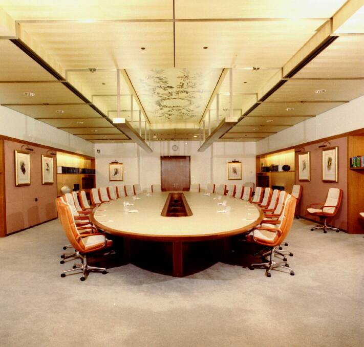 The marquetry on the ceiling of the cabinet room is Annabel Crabb's favourite thing in Parliament House. Tony Bishop (Artist) (born 1940) and Michael Retter (Fabricator) (born 1935) Ceiling coffer panel made up of 21 parts (1985-1987) Art/Craft Program Commission, Parliament House Art Collection, Department of Parliamentary Services, Canberra, ACT Photo: AUSPIC