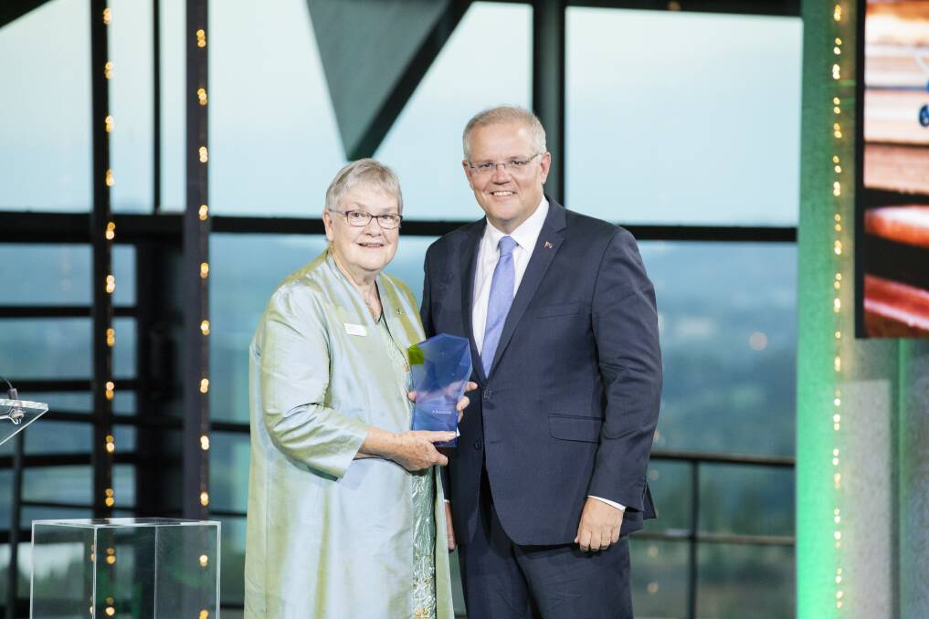 2019 Senior Australian of the Year Dr Sue Packer received her award from Prime Minister Scott Morrison. Photo: Jamila Toderas