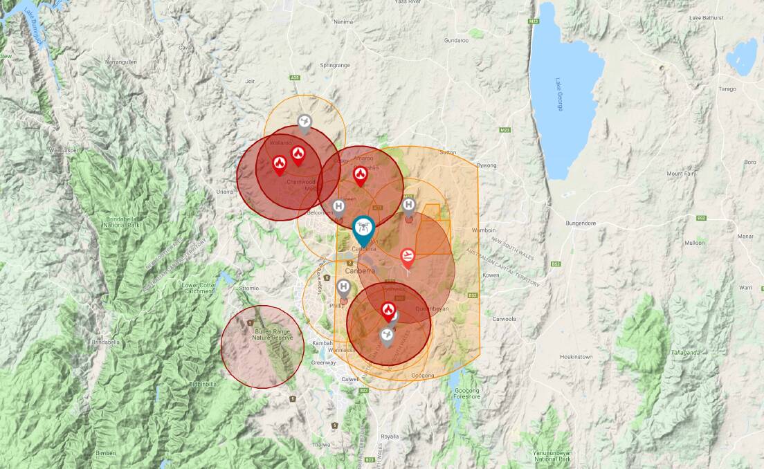 A map showing where drones could be flown in the ACT on Friday. Several controlled burns meant there were more no-fly areas than usual. Photo: Civil Aviation Safety Authority