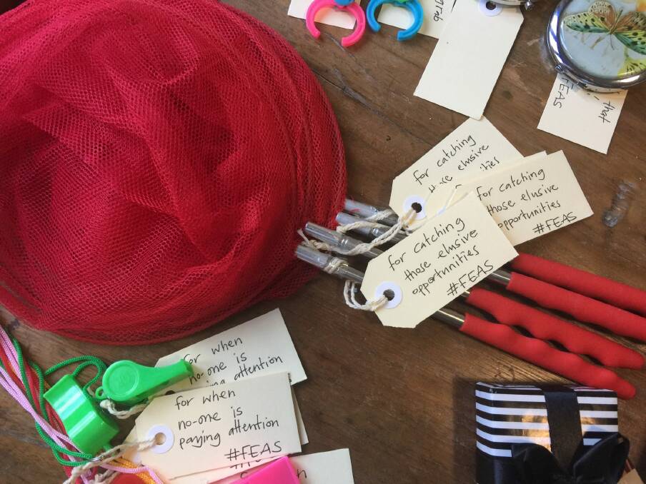 'For catching those elusive opportunities'. The fishing nets handed out to academics at conference to raise awareness about sexism Photo: Supplied