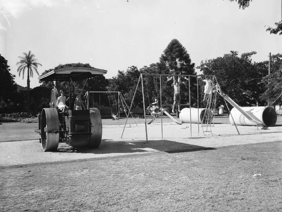 Children playing on equipment in Oriel Park in Ascot in 1959. Photo: State Library