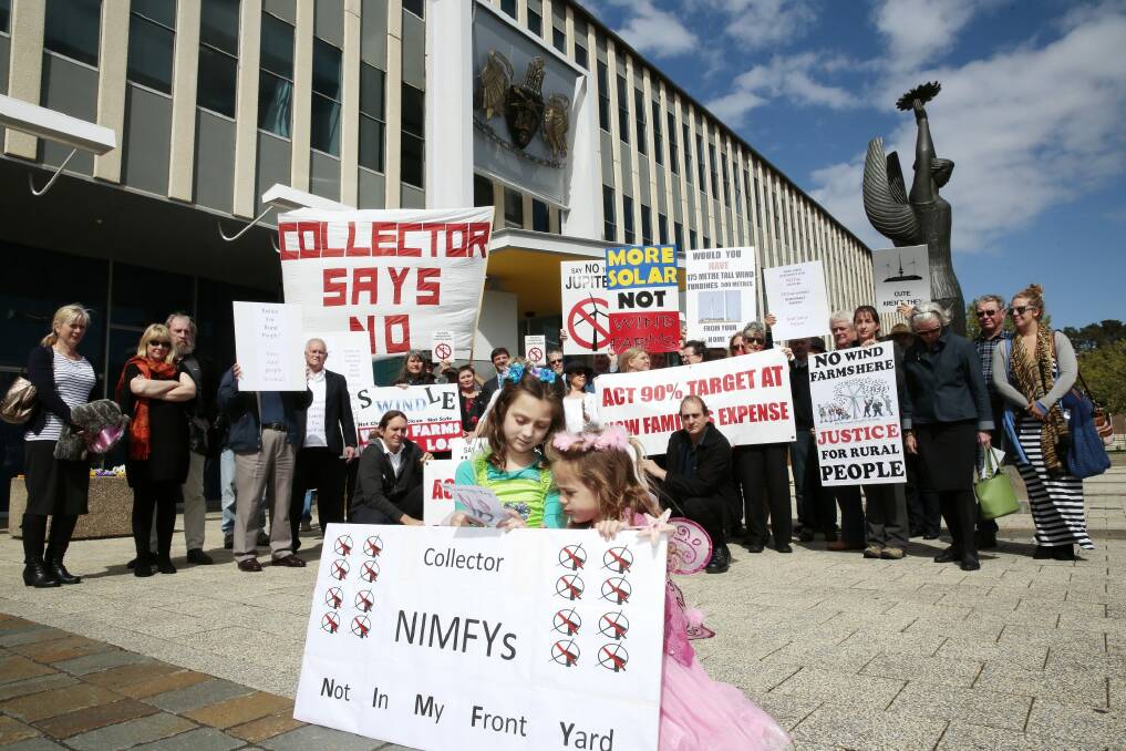 Wind farm protesters outside the ACT Legislative Assembly. Photo: Jeffrey Chan 