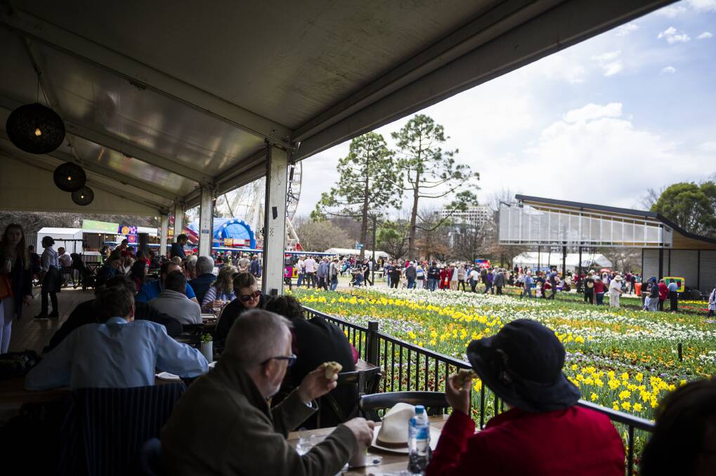 The Pialligo Urban Cafe at Floriade. Opening day crowds enjoy the food and views. Photo: Dion Georgopoulos