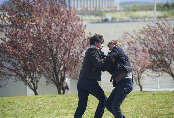 Gripping drama: Jesse Banks (Ashley Zukerman) wrestles with Lyndon Joyce (Dan Wyllie). Photo: Simon Cardwell