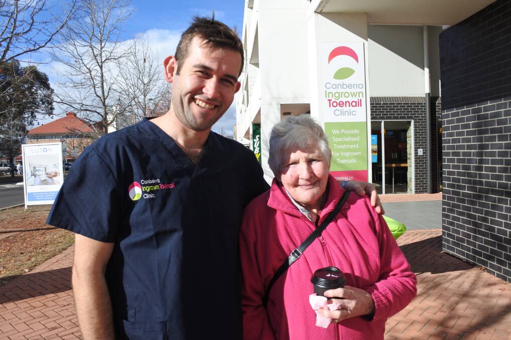 Podiatrist Luke Doyle with Robin Bontjer, of Kambah,  at the open day at Brindabella Podiatry, which also celebrated the opening of the Canberra Ingrown Toenail Clinic. Photo: Megan Doherty
