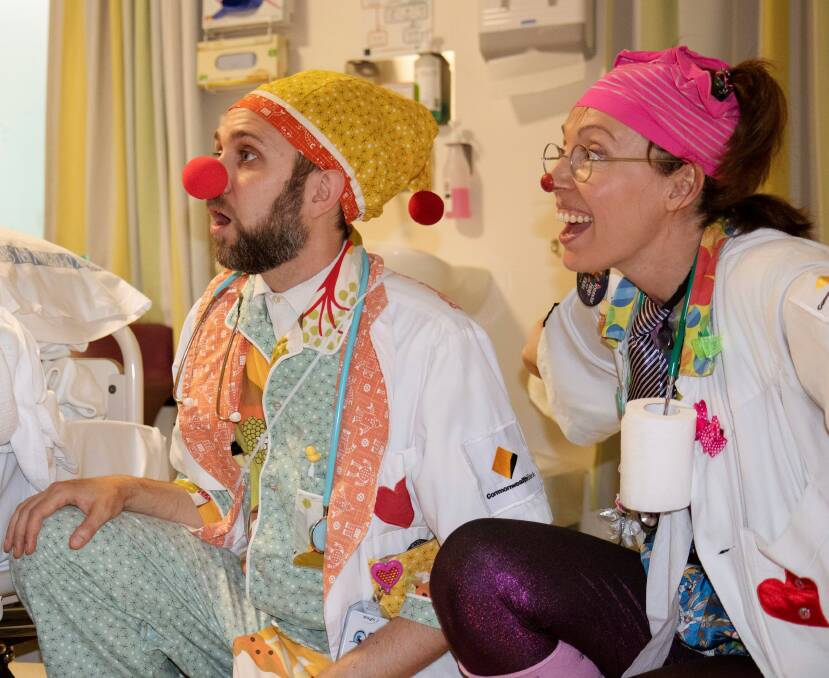 Clown doctors at the Canberra Hospital, Pablo Latona (Dr Snooze) and Ruth Pieloor (Dr Whoops). Photo: ACT Health