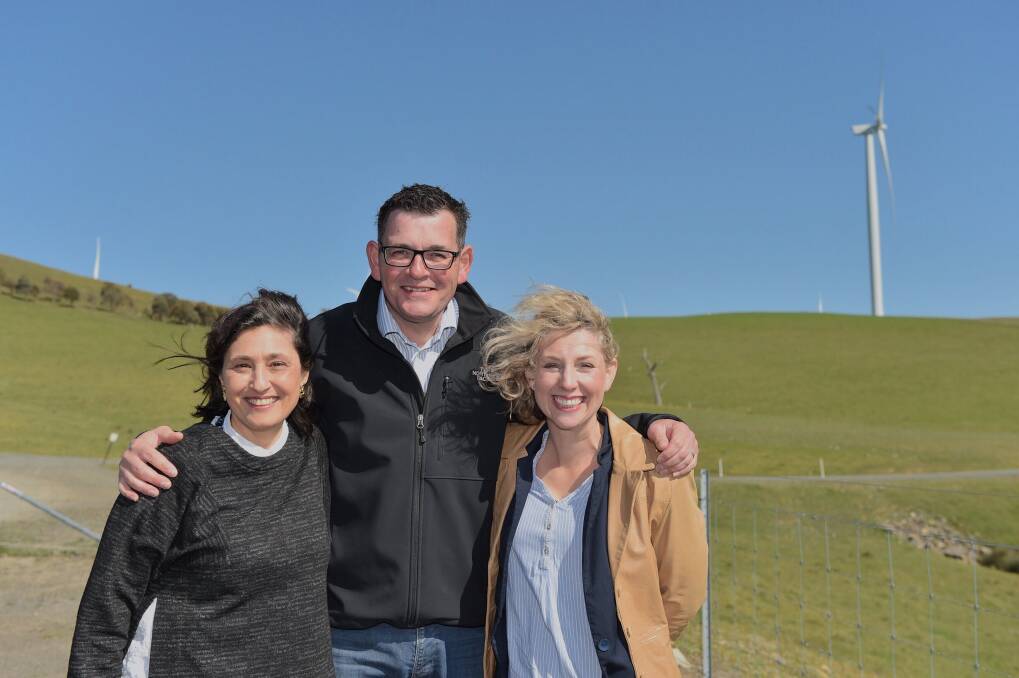 Lily D'Ambrosio,  Daniel Andrews and Sarah De Santis in Ararat to announce a renewable energy auction. Photo: Twitter