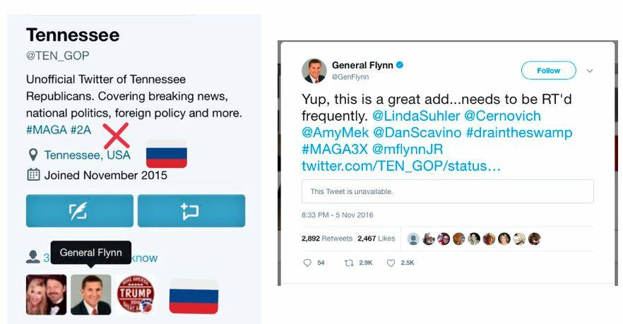 Former national security adviser to Donald Trump Michael Flynn shared a tweet from an account now known to be a bot, which claimed to be connected to the Tennessee Republication party.  Photo: ANU