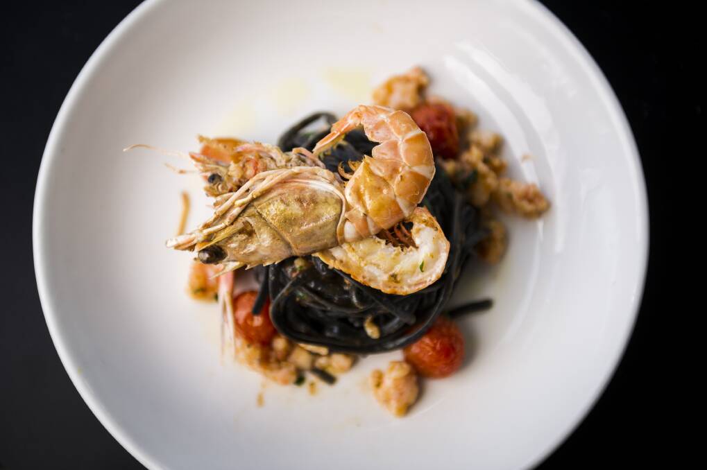 Squid ink linguine with scampi.  Photo: Dion Georgopoulos