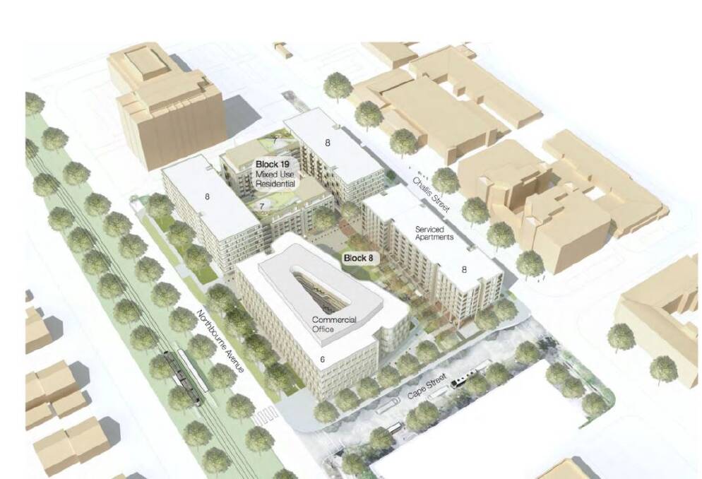 The ACT government and Doma's plans for four new buildings on the old Dickson Motor Registry site, including a government office block and serviced apartments at the southern end of the site, and apartments and shops at the northern end.