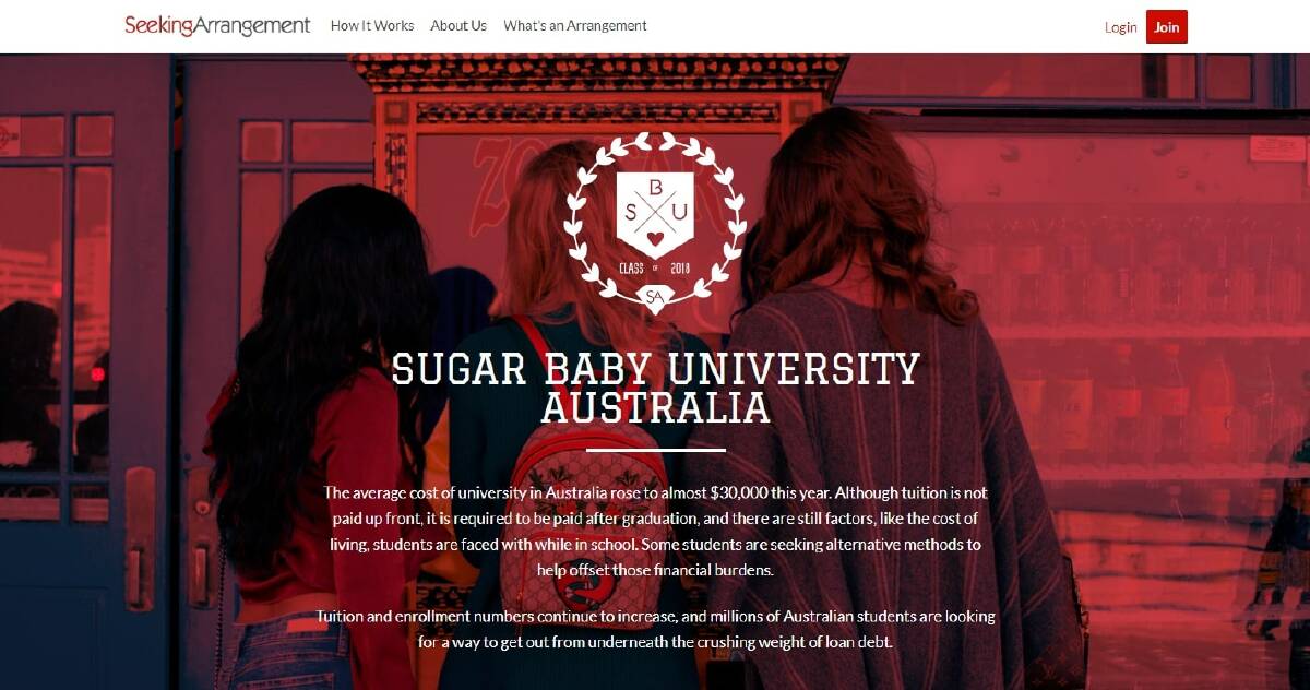 The Sugar Baby University Australia page on SeekingArrangement, which is offering free premium memberships to anyone who signs up with a .edu email address. Photo: SeekingArrangement