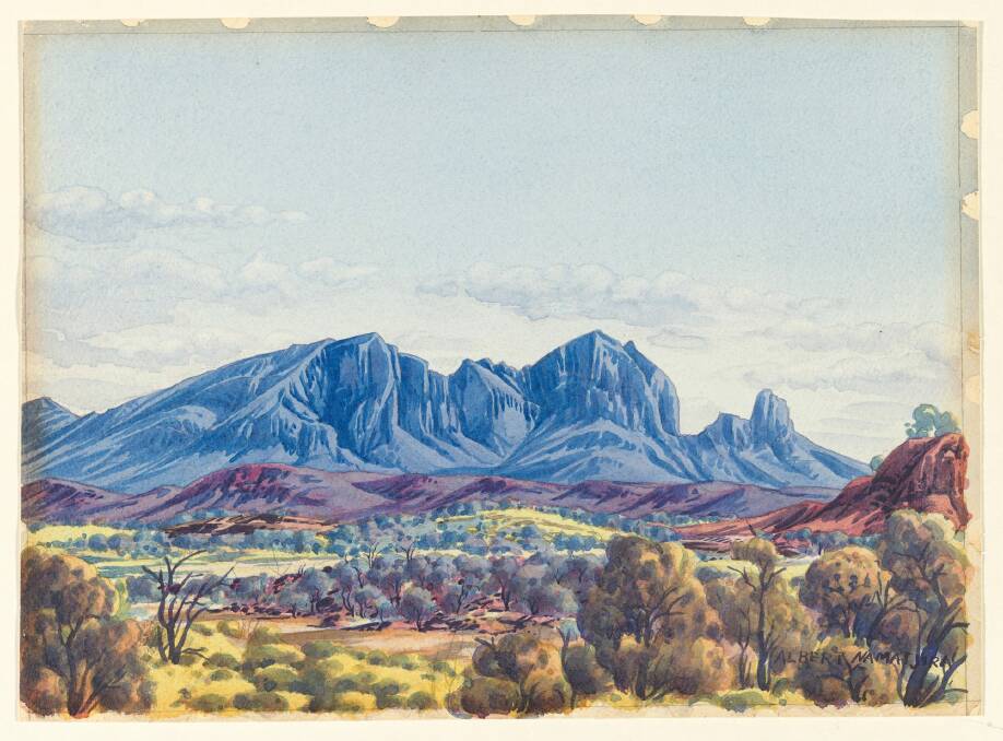 Albert Namatjira, Mount Sonder, West MacDonnell Ranges, Central Australia c. 1945, painting in watercolour over faint underdrawing in black pencil Photo: National Gallery of Australia