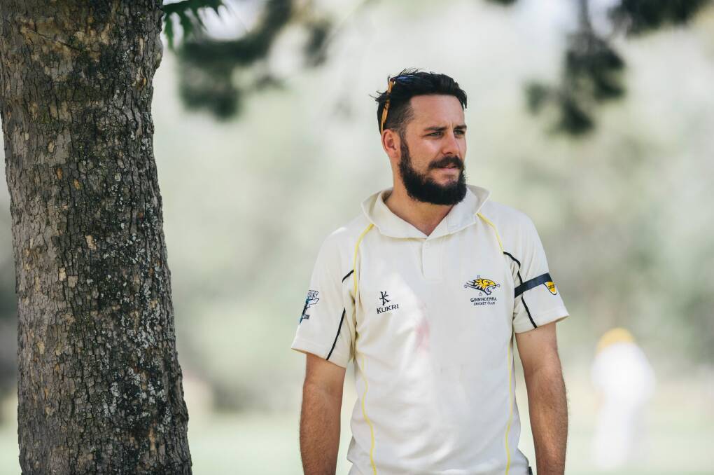 Ginninderra bowler Luke Ryan whose grandfather has recently passed away. The team wore black armbands to remember him in their match against Wests-UC. Photo: Rohan Thomson