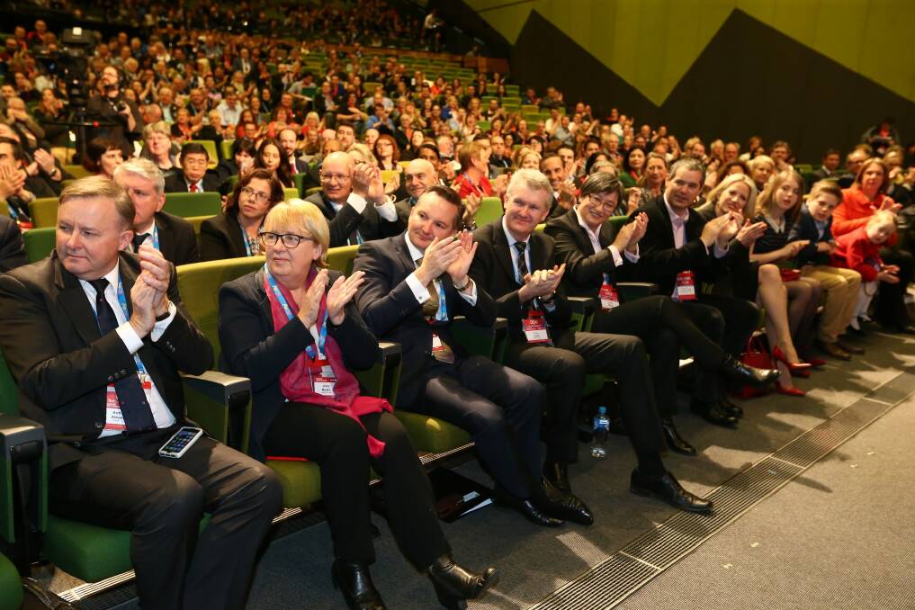 Anthony Albanese (left) with other Labor frontbenchers at the conference. Photo: Alex Ellinghausen