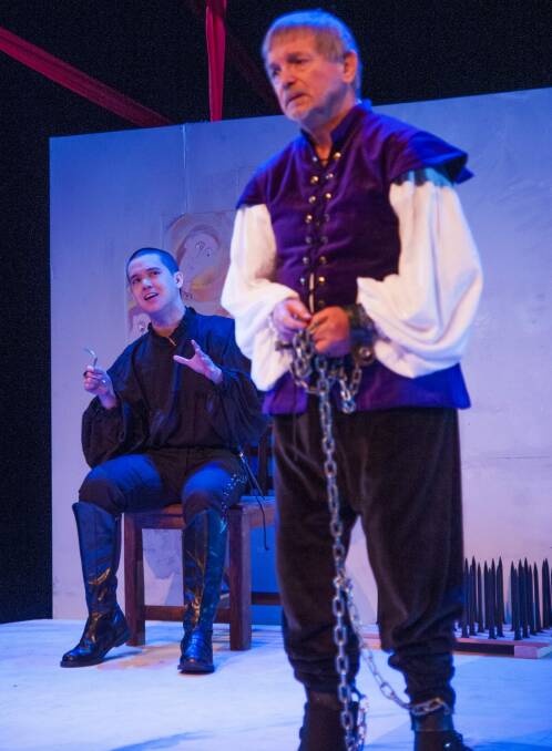Confronting: Will Huang (rear) as Frederick Vasolt and Geoffrey Borny as Johannes Junnius in The Burning. Photo: Elesa Kurtz