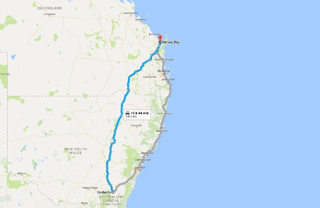 A Google Maps prediction of the likely route taken through Kingaroy to Hervey Bay by the tiny home and its thief. Photo: Google