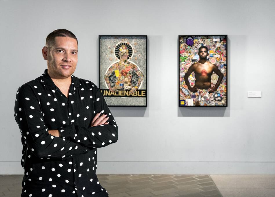 Artist Tony Albert with his works Brothers (Unalienable) and Brothers (New York Dreaming) 2015 Photo: Supplied
