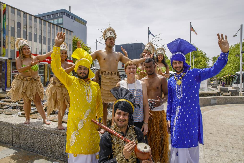 Members of the United Nesian Movement and Varis Punjab De dance groups help Minister for Multicultural Affairs Rachel Stephen-Smith launch the 2018 National Multicultural Festival. Photo: Sitthixay Ditthavong