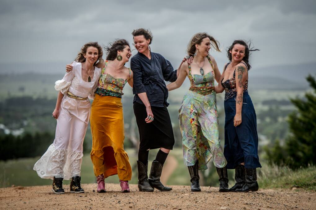 Braidwood designer Sky Mazurkiewicz (centre) makes the jewellery to go with Saloon's wild west pieces. She's pictured with (from left) AJ Gillin, Jane Magnus, Lily Munnings and Dena Pezzano-Pharaoh, all wearing the label. Photo: Karleen Minney