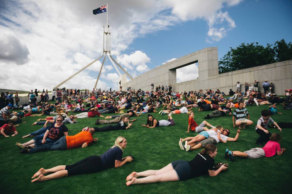 Hundreds rolled down the lawns of Parliament House to protest the current fence proposal Photo: Rohan Thomson
