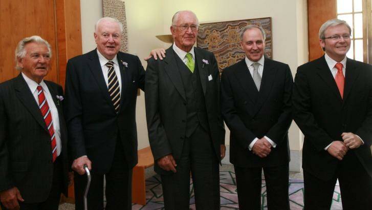 Previous gathering: Bob Hawke, Gough Whitlam, Malcolm Fraser, Paul Keating and Kevin Rudd at the apology to the stolen generations at Parliament House in 2008. Photo: Andrew Taylor