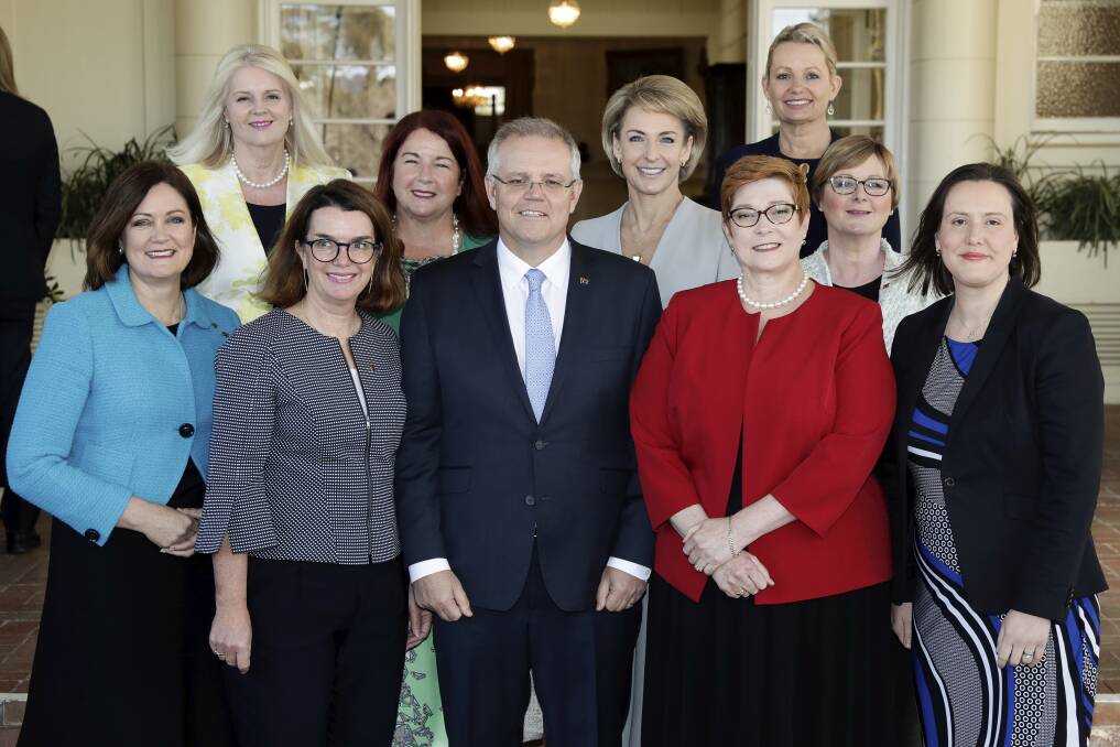 The female members of Scott Morrison's ministry at his swearing in.
 Photo: Alex Ellinghausen