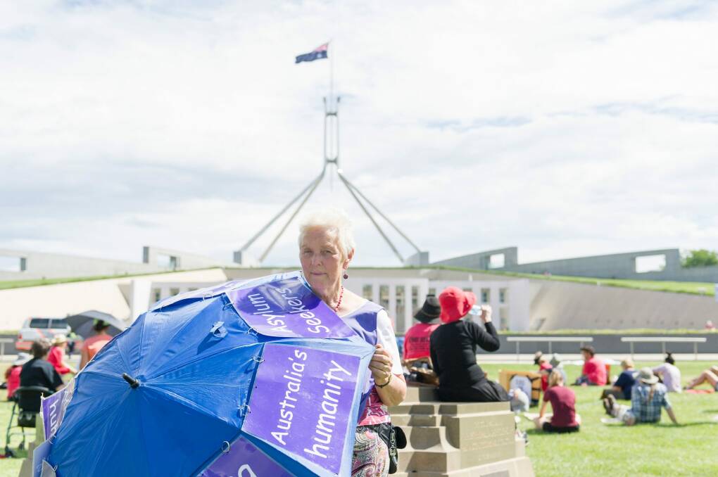 Jane Keogh at the Rally for asylum seekers at Parliament House. Photo: Jay Cronan