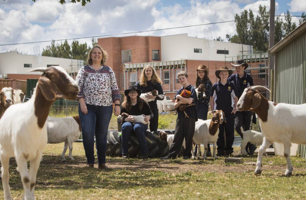 Science teacher, Janet Richardson with UC High School Kaleen year 7 to 10 students Jackie Wannell-Blakey, Imogen Steel, Matthew Bielenberg, Leilani Holgate, Peter Dickens and Tyler White on three acres of land known at Murnong Farm at the school Photo: Elesa Kurtz
