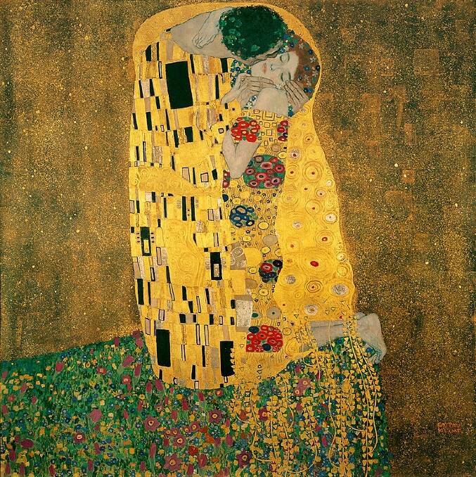 Gustav Klimt's <i>The Kiss</i>, oil and gold leaf on canvas, 1907/1908. Widely regarded as a masterpiece of Symbolist art. Photo: www.bridgemanimages.com