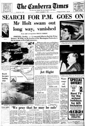 <em>The Canberra Times </em>front page for December 18, 1967. The search for missing Prime Minister Harold Holt goes on. The page was one of many now available online via Trove, thanks to the National Library's digitisation project.