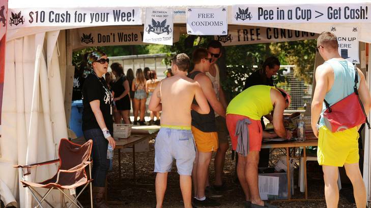 The tent at the Foreshore festival where festival goers were paid for a sample of their urine. Photo: Colleen Petch
