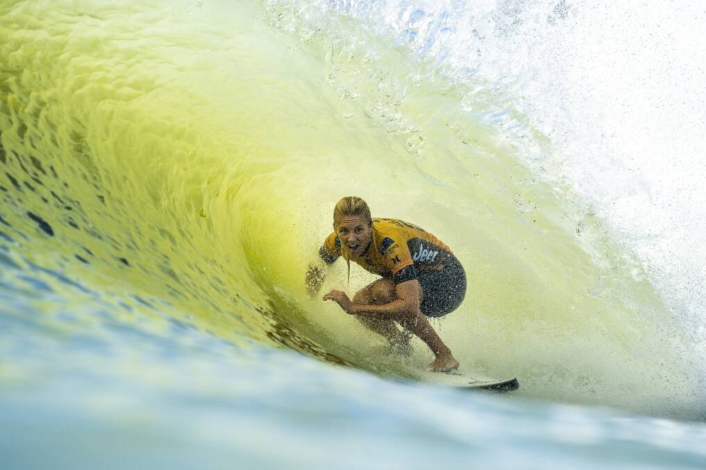 A perfect tube ride for Australia's Stephanie Gilmore, competing at the Surf Ranch's first professional event. Photo: WSL