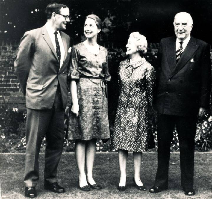 Heather and Peter Henderson stand with her parents, Dame Pattie and Sir Robert Menzies, in a London garden in the late 1960s, soon after Sir Robert's retirement as Prime Minister. Photo: Supplied