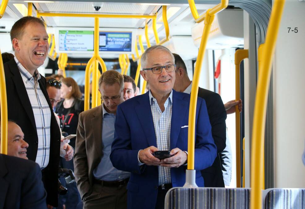 Prime Minister Malcolm Turnbull riding the Gold Coast light rail. Photo: Scott Fletcher