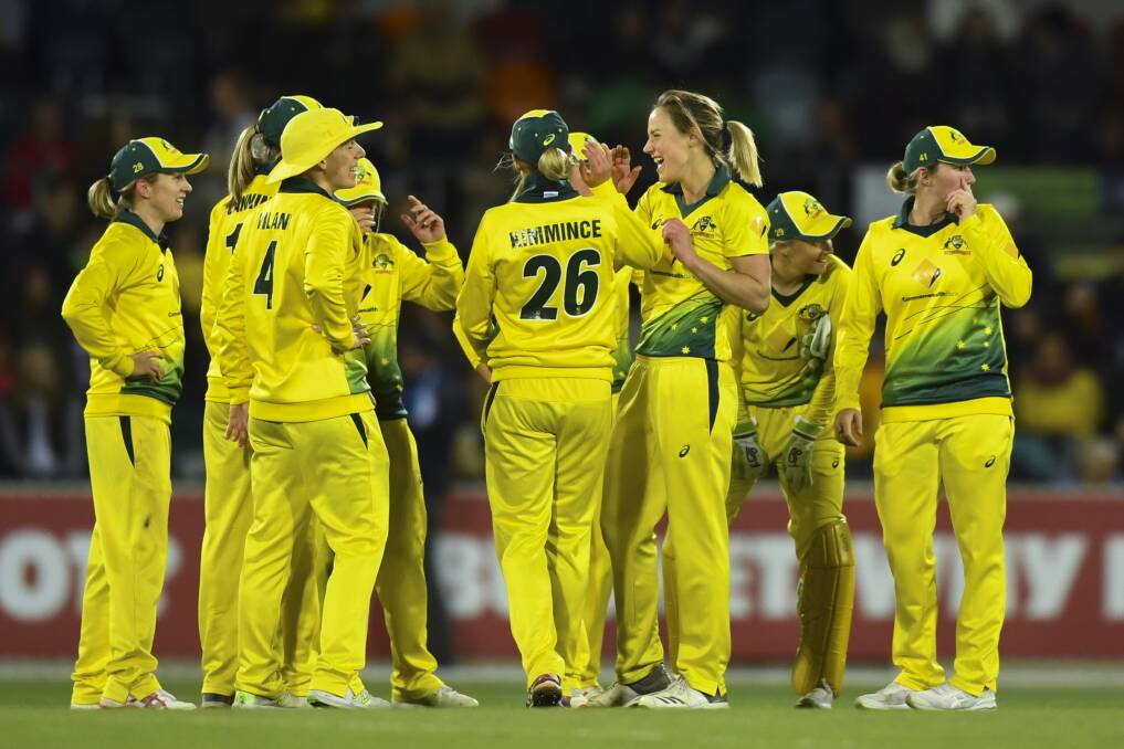 Ellyse Perry celebrates a wicket for Australia at Manuka Oval last month. Photo: AAP