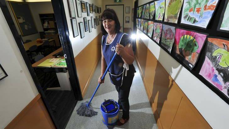 Cleaner Jagoda Barisic performs her duties after hours at the Ngunnawal Primary School. Photo: Graham Tidy