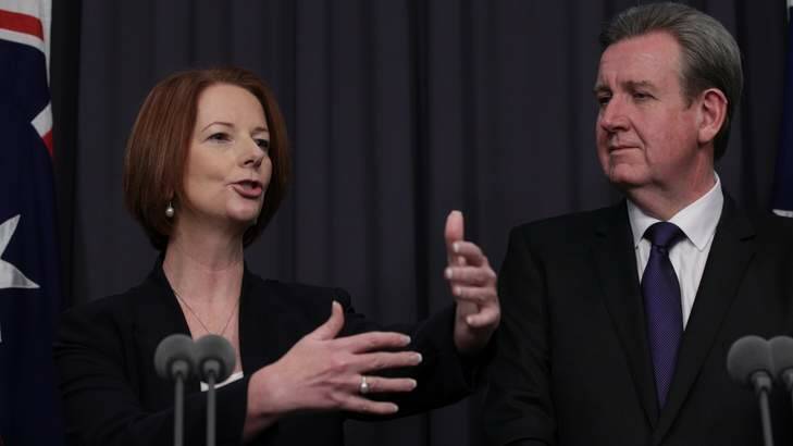 Prime Minister Julia Gillard and NSW Premier Barry O'Farrell at the NDIS press conference in Canberra on Thursday, December 6. Photo: Alex Ellinghausen