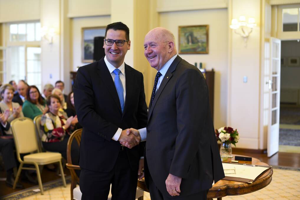 Senator Zed Seselja is sworn into his new role on Tuesday. Photo: AAP/Lukas Coch