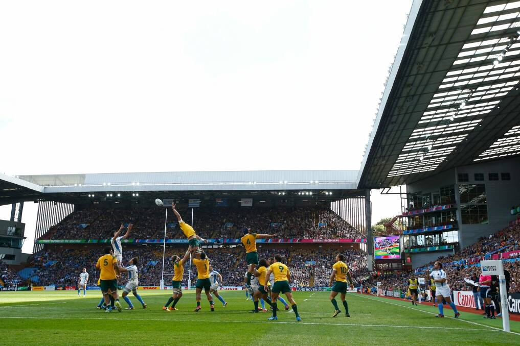 The air up there: A lineout goes awry during the 2015 Rugby World Cup Pool A match between Australia and Uruguay at Villa Park. Photo: Dan Mullan