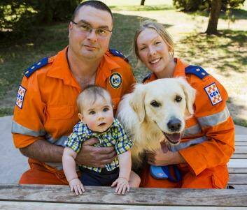 Shane Townsend and Nicole Thomas with 8-month-old son Liam and golden retriever Molly. Photo: Jamila Toderas