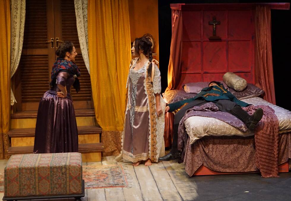 <p>From left, Antonia Kitzel, Lexi Sekuless, Joel Hutchings in <i>Arms and the Man</i>. </p> Photo: Helen Drum
