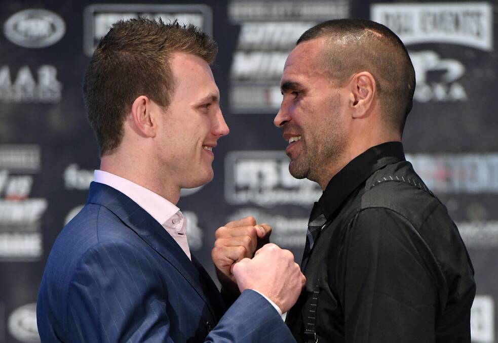 Anthony Mundine and Jeff Horn face off. Photo: AAP