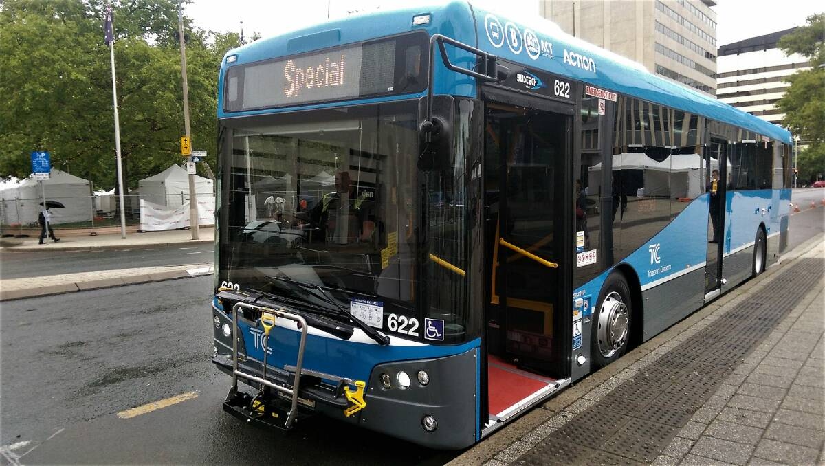 The first of the new fleet of blue ACTION buses was unveiled outside the ACT Legislative Assembly on Thursday. Photo: Katie Burgess