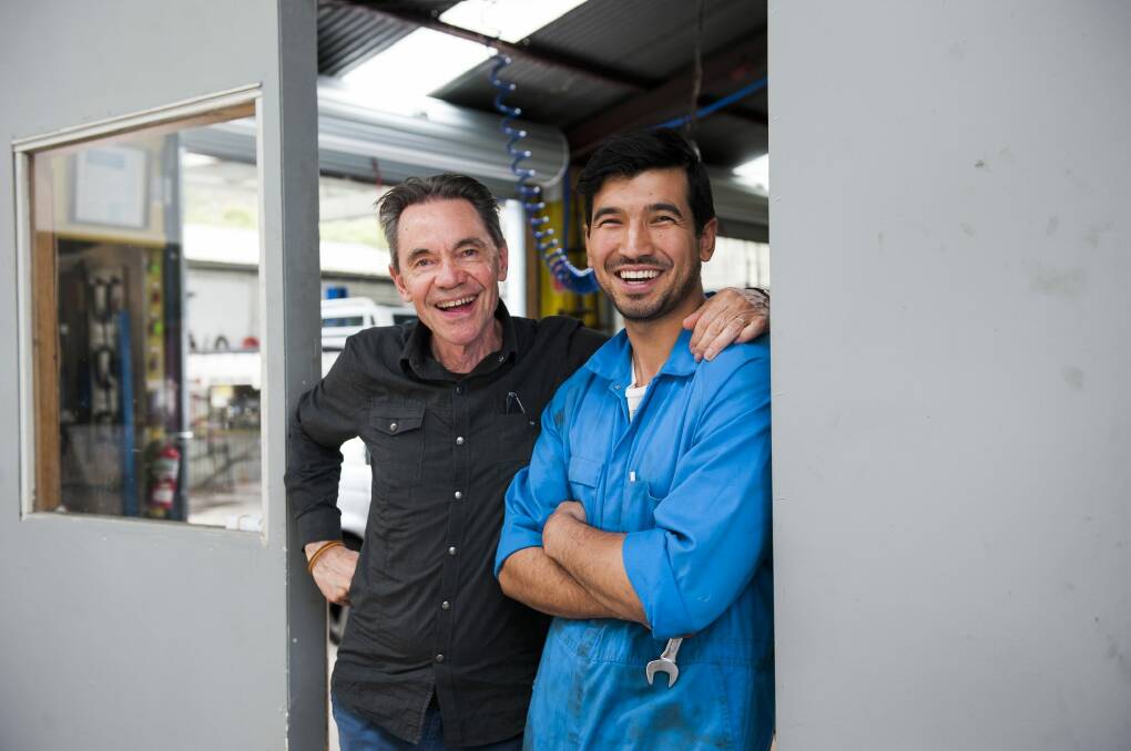 Documentary director Steve Thomas with Canberra mechanic and former refugee Mustafa Jawadi. Photo: Elesa Kurtz